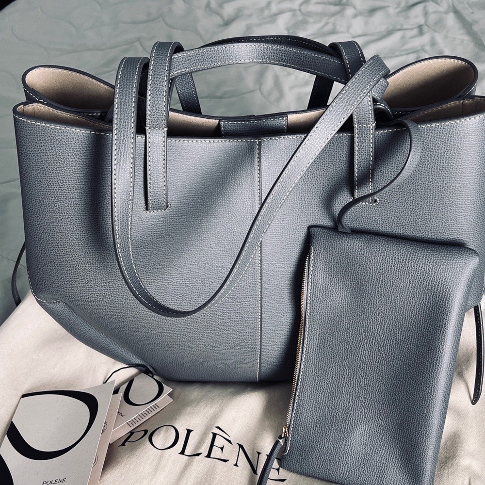 Polène Cyme Pebbled Leather Tote in textured Stone (gray)